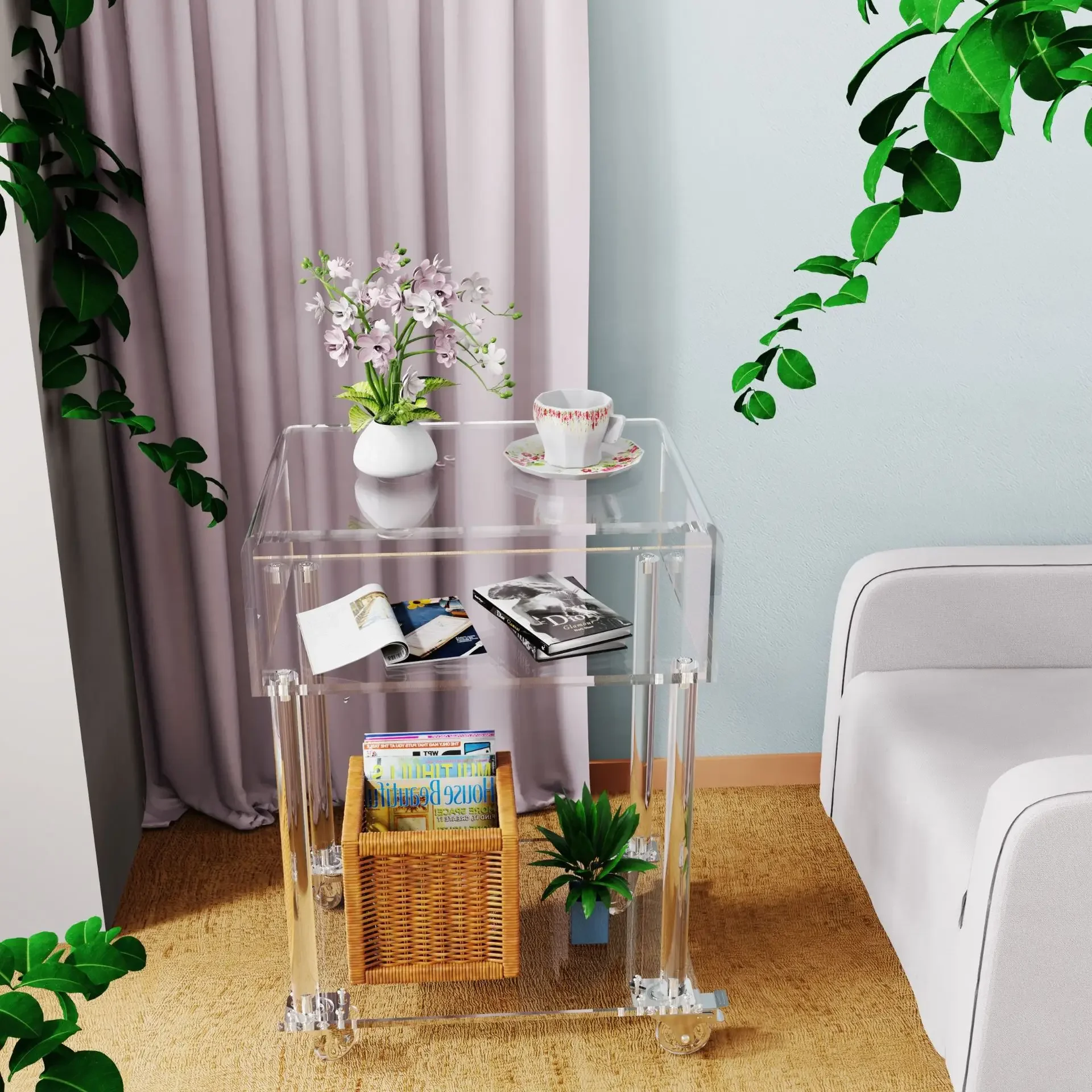 Acrylic movable bedside table with wheels, modern transparent bedside table, side table, bedroom, living room, coffee table