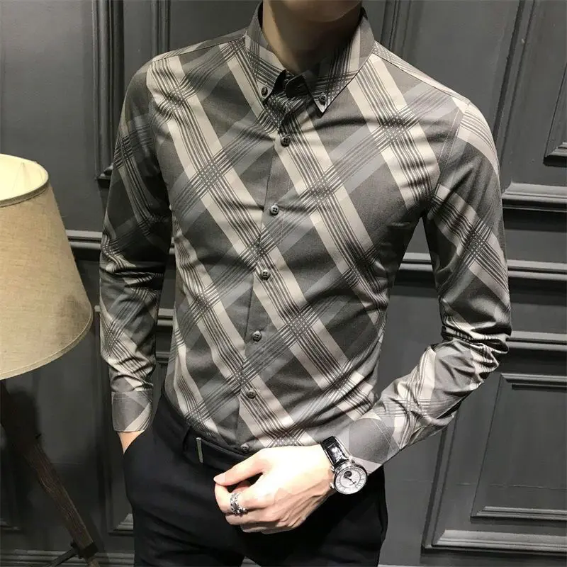 New Long Sleeve Plaid Shirt Korean version trendy men autumn leisure Slim fit Non-iron business men's shirt