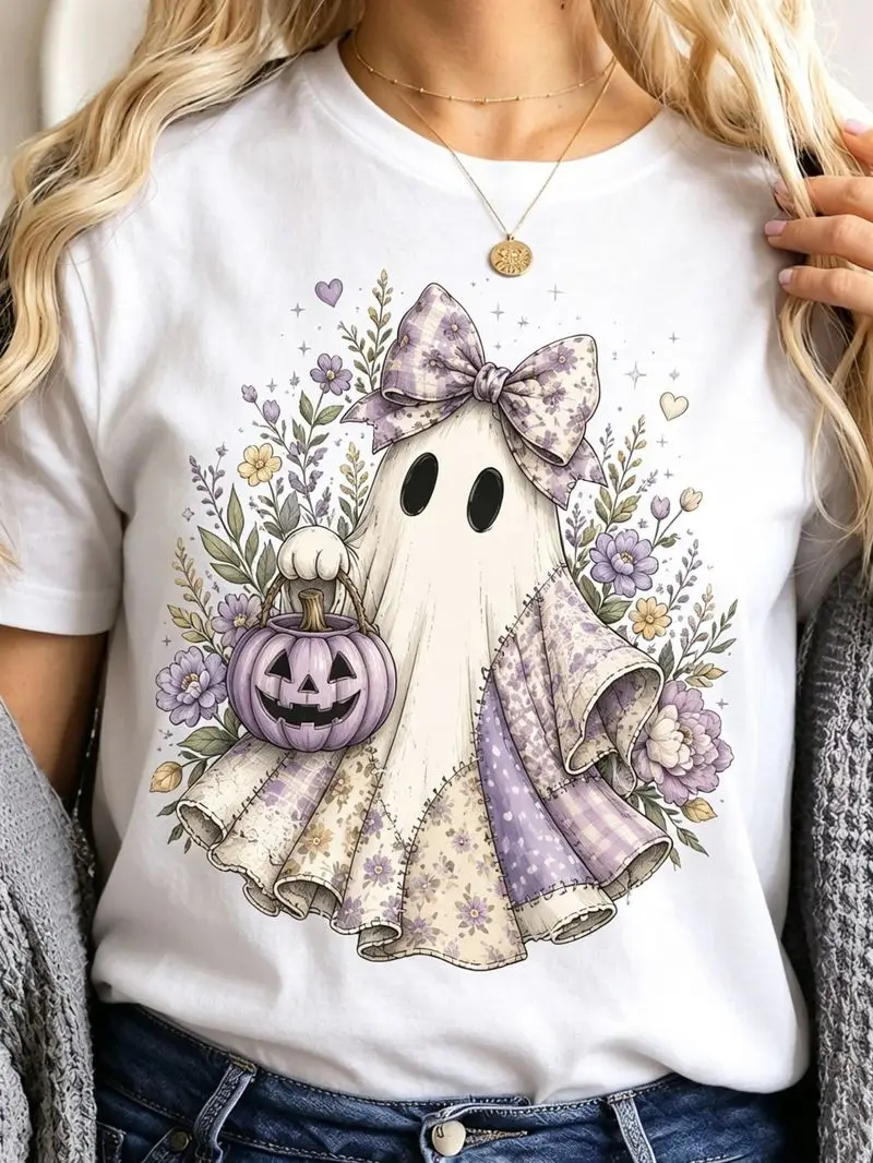 Unisex Vintage Floral Bow Ghost Pumpkin Bucket Graphic Short Sleeve Pastel Halloween T-Shirt For Women Men Cute Spooky Gift Tee