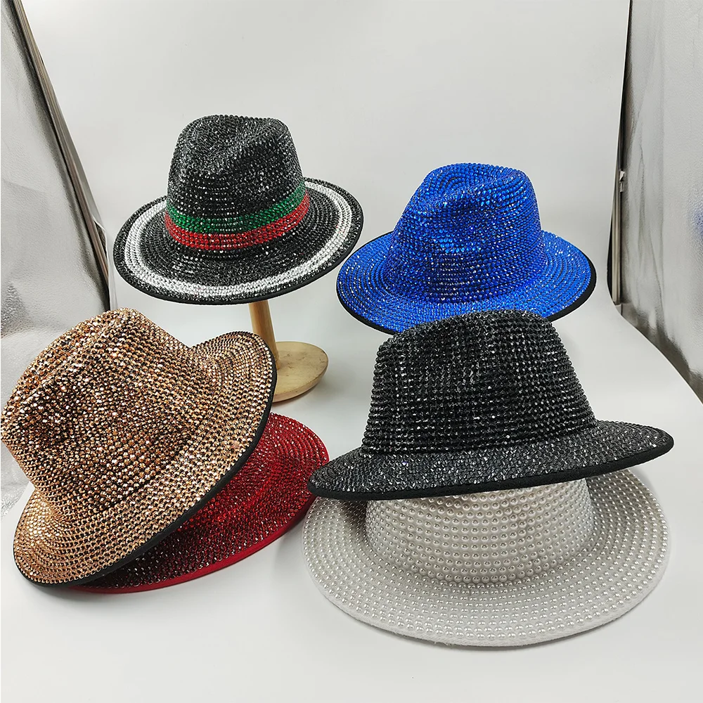 Rhinestone and Pearl Fedoras Jazz Hats for Men and Women Red Matching Black Diamond Fedoras Stage Banquet Cap 2022 wholesale