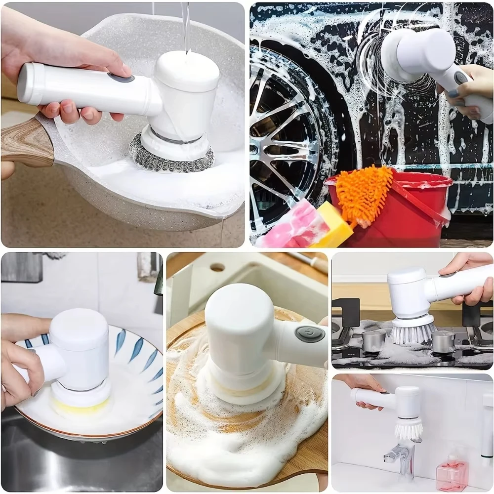New Electric Cleaning Brush Power Spin Scrubber Bathroom Wash Brush Kitchen Cleaning Tool Adapter 5 Replaceable Brush Head Tool