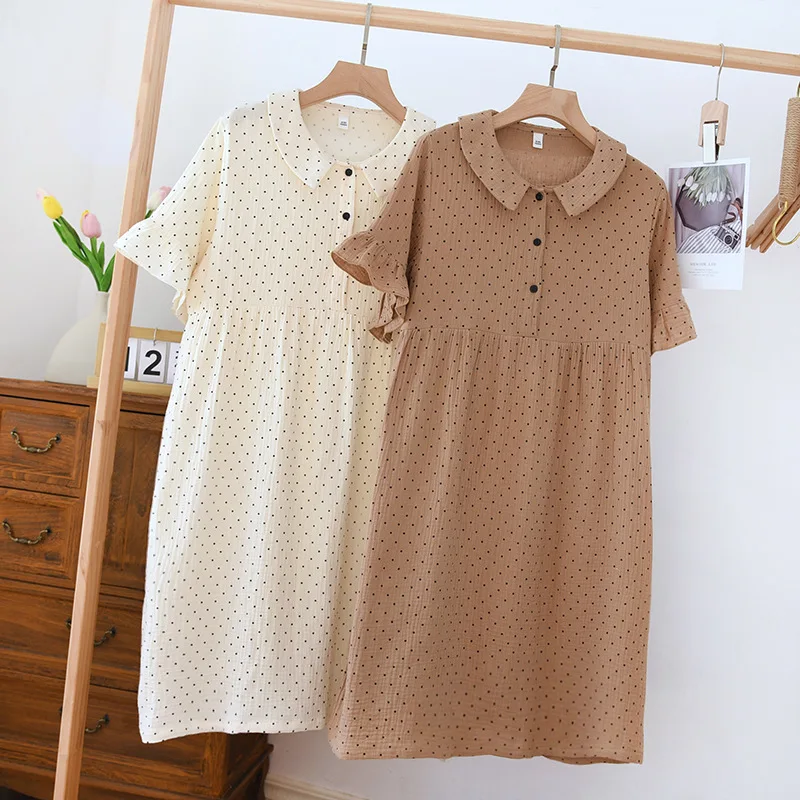 Women Short Sleeve Pajama Dress Summer Crepe Cotton Loose Skirt Loose Comfortable Turn-down Collar Nightgowns Sexy Sleepwear