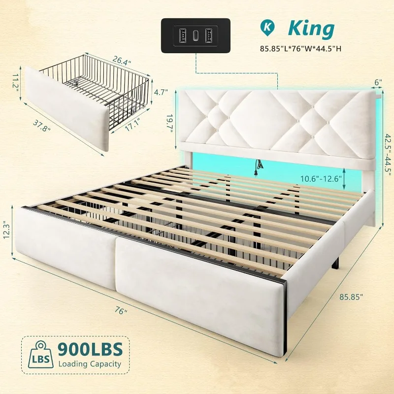 Estructura de cama tamaño King con 2 cajones de almacenamiento y cabecera, estructura de cama con plataforma de terciopelo con luces LED y estación de carga