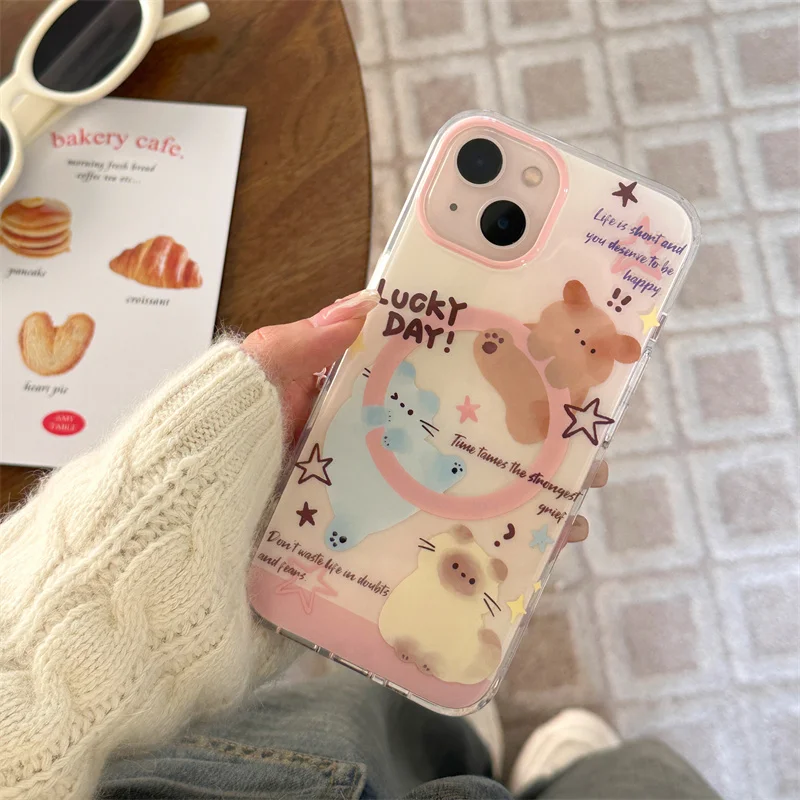 Kawaii Cartoon Cat Magnentic Phone Case For iPhone 15 Pro 12 14 13 Pro Max 14pro Cover with Magsafe Holder Fashion Cartoon Cases