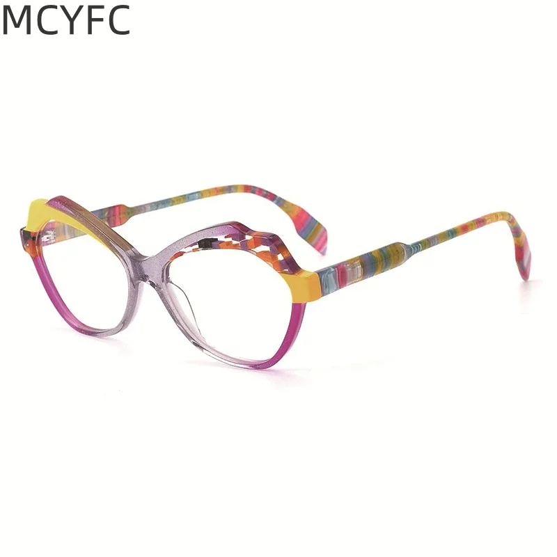 

MCYFC Italian Style Acetate Glasses Frame for Women Fashion Cat Eye Round Full Rime Split Color Myopia Eyeglasses Frames Men