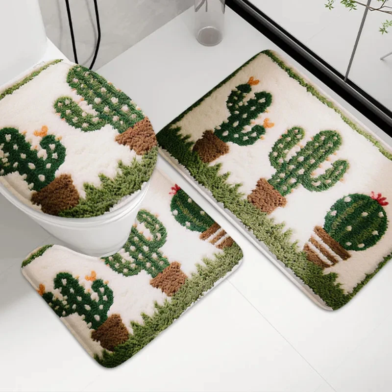 VIKAMA 3 Piece Bathroom Rug Set Korean Style U-Shaped Toilet Mat Non-Slip Flannel Carpet Absorbent Lid Cover Floor Mats Decor