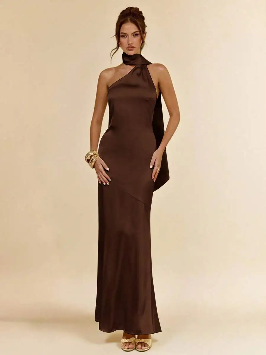 

Minimalist Solid Brown Satin Asymmetric One Shoulder Hollow Back Tie Dress For Party Cocktail Formal Prom