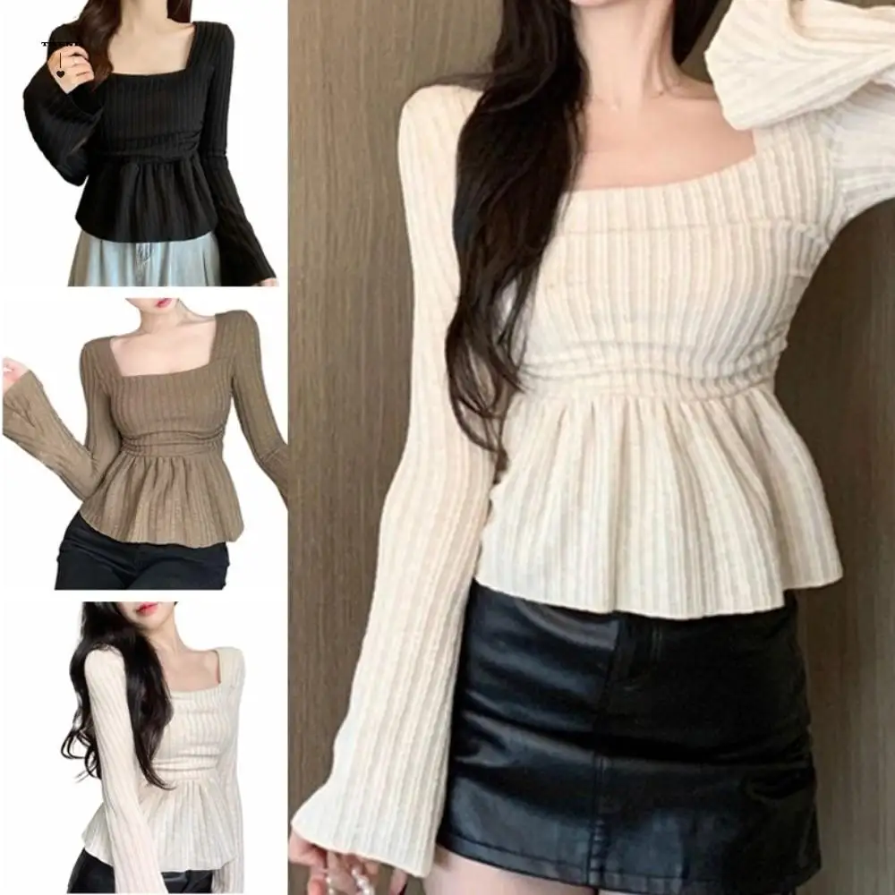 

Pleat Hem Sweet Slim Tops Solid Color Square Neck Long Sleeve T-shirt Thin Bottoming Shirt Long Knitted Top Women
