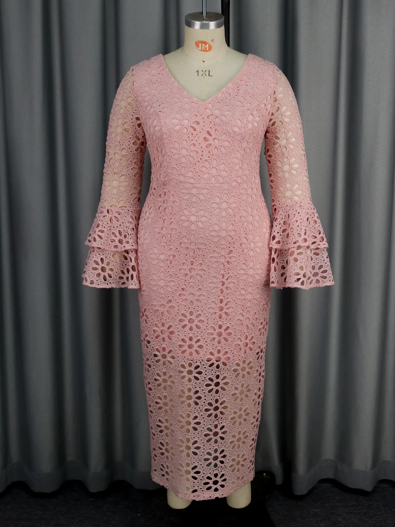 Pink Lace Sheath Dresses for Women V Neck Long Flare Sleeves Hollow Out High Waist Vintage Club Elegant Evening Sexy Party Gowns