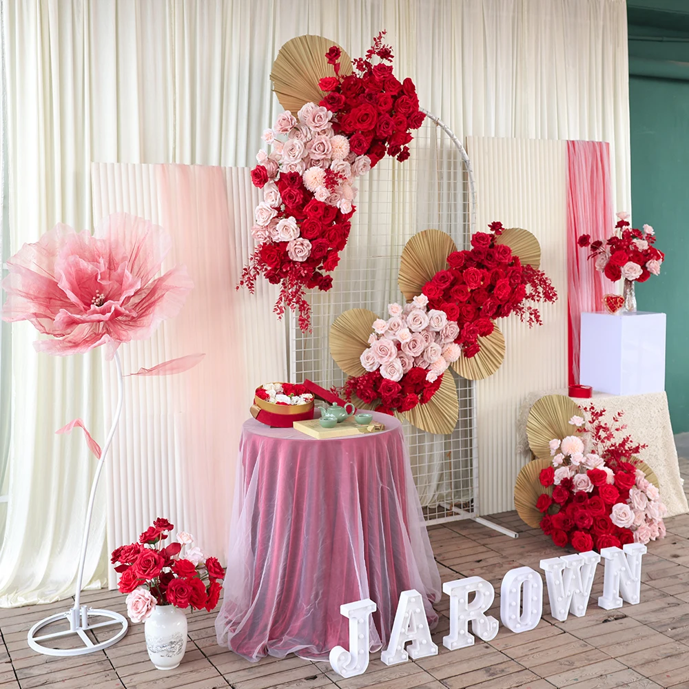 Party Event Backdrop Decoration Retro Style Red Pink Series Artificial Rose Hydrangea Fan Flower Arrangement for Wedding Decors