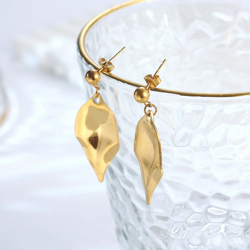 Elegant Titanium Steel Irregular Brushed Leaf Metal Style Women's Drop Dangle Earrings Jewelry Fashion Gift