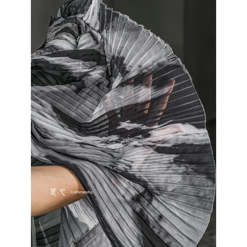 Folding Volcano Black and White Gray Folding Vertical Gradient Ink Art Chinese Style New Chinese Fashion Designer Fabric