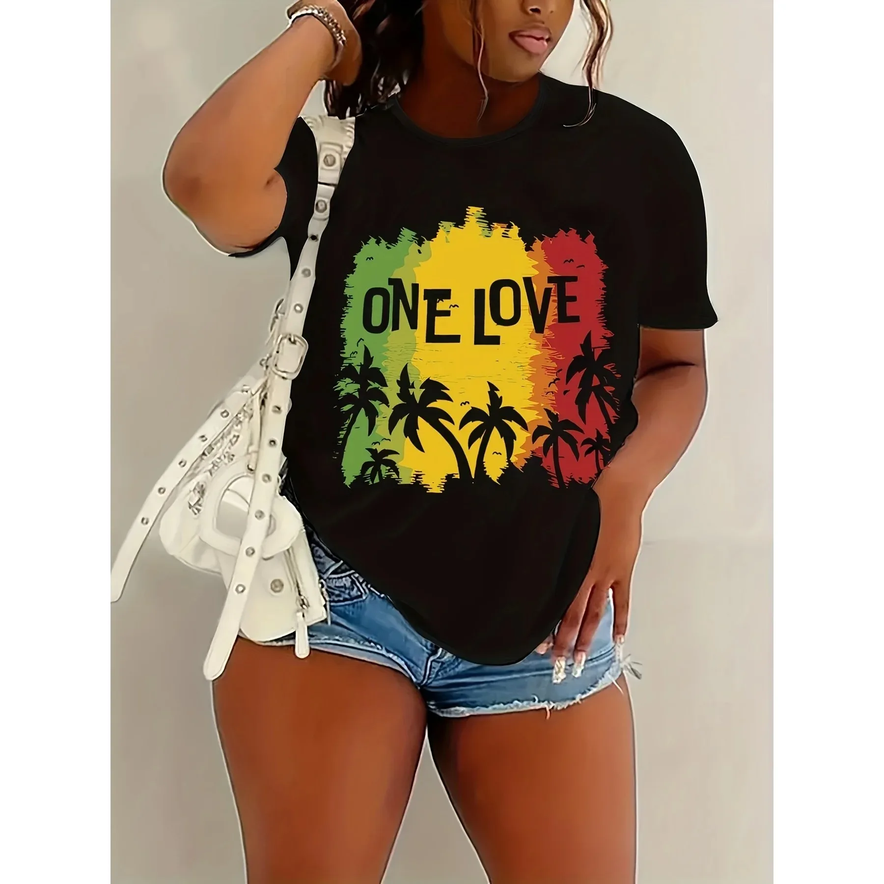 Damen-Mode-T-Shirt „One Love Rasta Palm Tree“ – Reggae-Grafik, lässiges schwarzes Oberteil – Detail 3