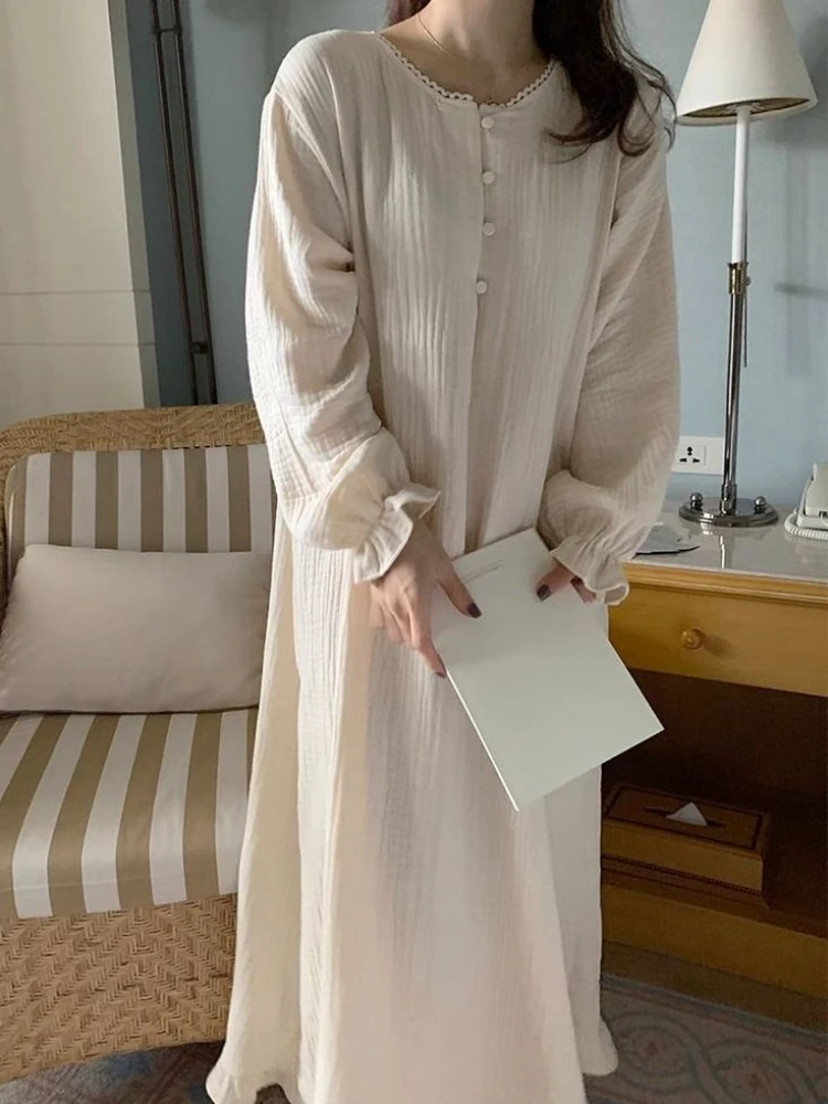 Long Sleeve Nightgowns Women Simple Cute Nightdress Korean Autumn Sweet Girls Round Neck Sleepwear Fashion Leisure Cozy Lounge - Image 3