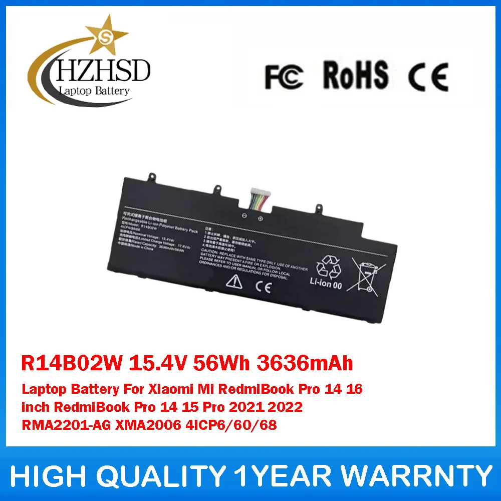 

R14B02W 15.4V 56Wh 3636mAh Laptop Battery For Xiaomi RedmiBook Pro 14 16 inch RedmiBook Pro 14 15 Pro 2021 2022 RMA2201-AG