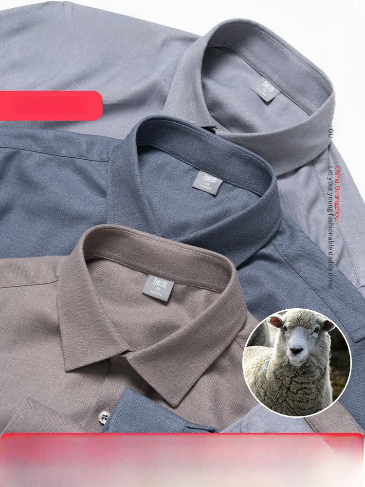 

Wool Blend Men's Shirt Anti-Wrinkle Loose Fit Spring Autumn Clothing for Middle-Aged And Elderly Fashionable Casual Style