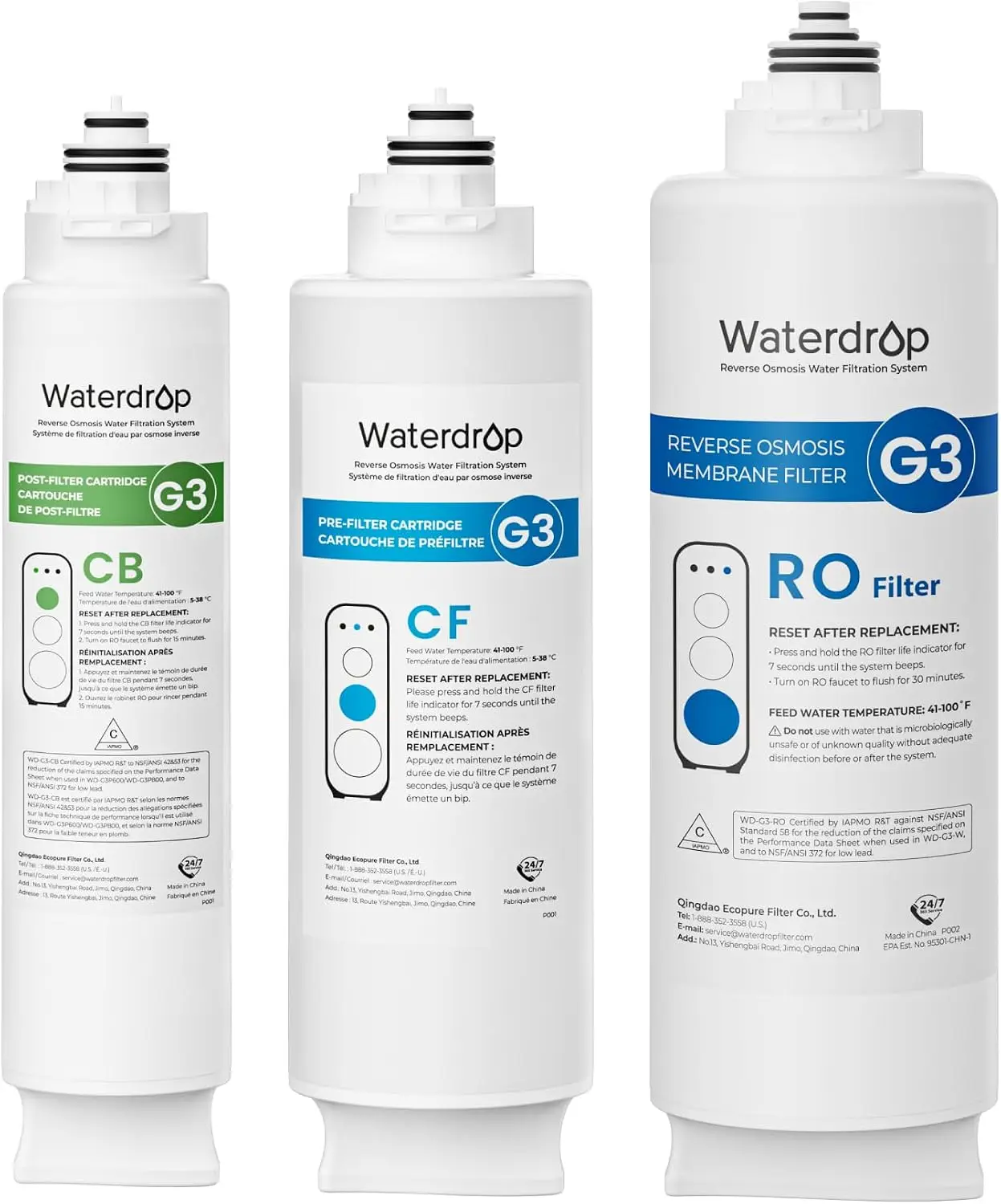 Waterdrop G3-CFCBRO Filter, Replacement for G3-W 400 GPD RO System NSF/ANSI 53 & 372 Certified, Pack of 1 G3-N1CF, 1 G3-N3CB, and 1 G3-N2RO Set Filter, NOT for G3P600 & G3P800 RO System