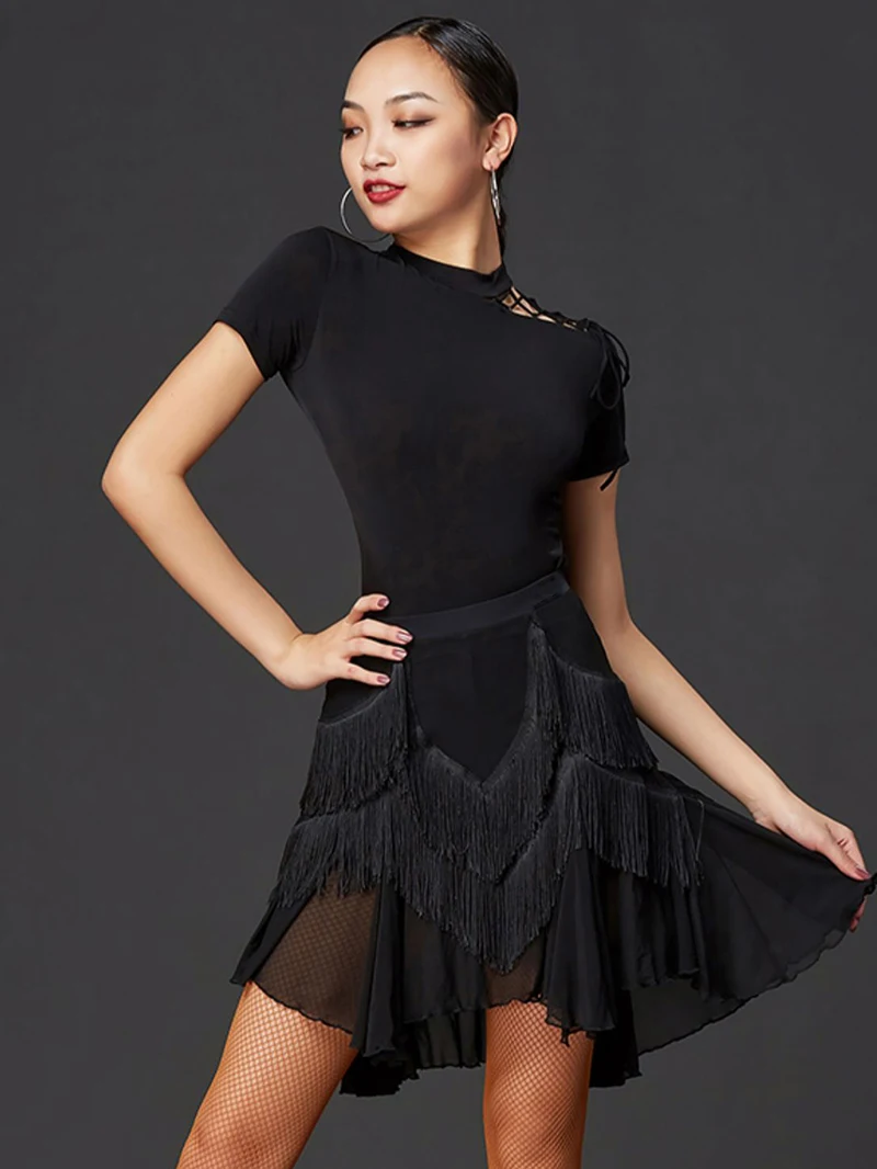 Black Tassels Mesh Skirt Women Latin Dance Skirt Ballroom Rumba Samba Dancewear Female Training Chacha Performance Costume