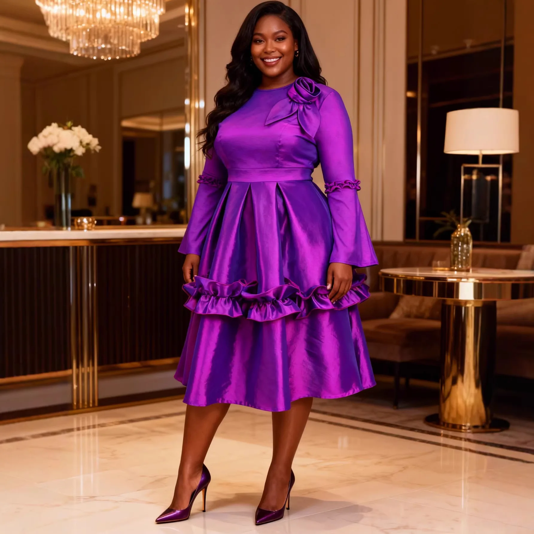 

Plus-size Women's Dress With Round Neck And Three-dimensional Floral Design, Ruffled Bell Sleeves, Waist-cinching, Slimming Y2K