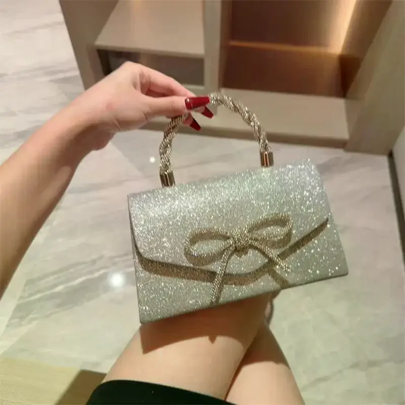 Bolso bandolera con cadena negra y purpurina dorada y plateada para mujer; Lujosa bolso de noche con lazo de diamantes de imitación y bolso de mano