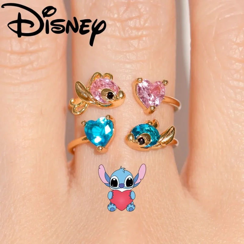 Nieuwe Disney Stitch Dames Diamanten Ring Cartoon Angel Zirkoon Hart Verstelbare Ring voor Meisjes Feest Verjaardag Mode-sieraden Cadeau