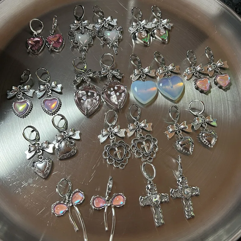 Vintage Bowknot Pendant Hoop Earrings for Women Egirl Unusual Korean Fashion Aesthetic Bow Ear Rings Y2K Jewelry Accessories