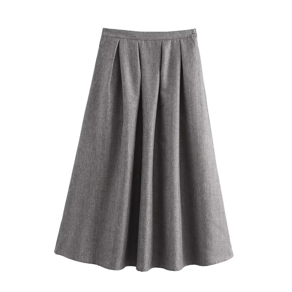 ZA 2024 Women\'s Gray Pleated Umbrella Skirt, Mid Length, Casual, College Style, Temperament, Autumn, New Item