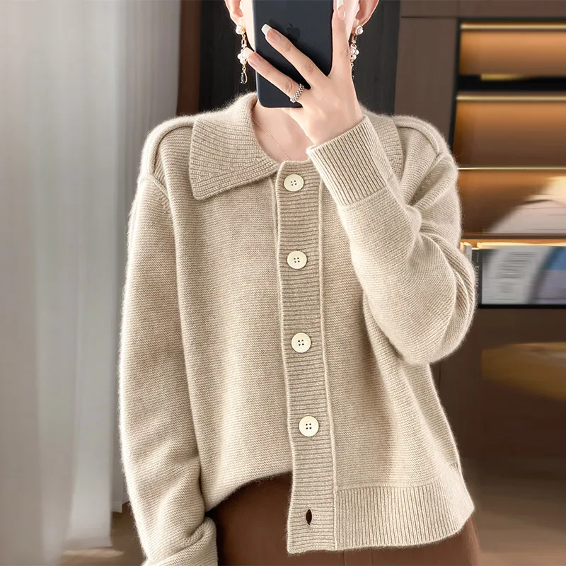 100% Merino Wool Coat Women\'s Clothing Lapel Cardigan Autumn Winter New Tops Fashionable Korean Loose Knit Shirt Long Sleeves