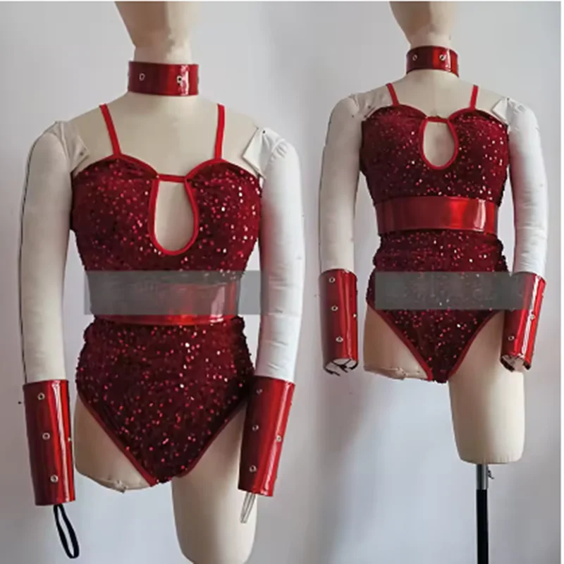 

Red Sequin Bodysuit Sexy Gogo Dancer Clothing Nightclub Bar Dance Wear Showgirl Performance Costume Party Rave Outfit yj031