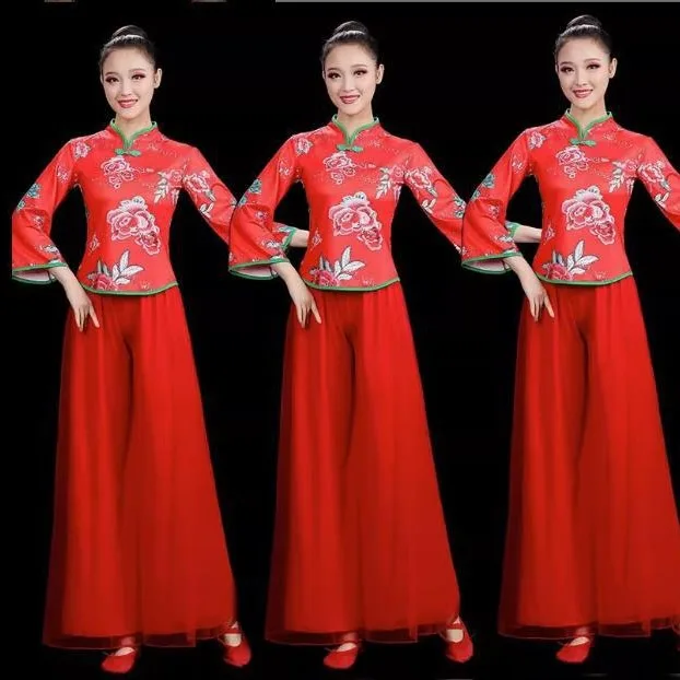 New printed square dance costumes for middle-aged and elderly women, big yangko costumes, group fan dance performances, costumes