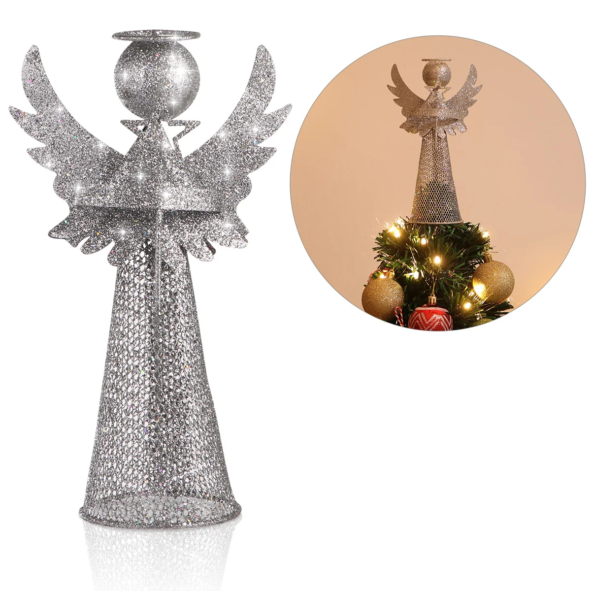 

Christmas Tree Topper Angel Silver Iron Mesh Base Stable Easy Install Three-Dimensional Design Christmas Tree Angel Topper