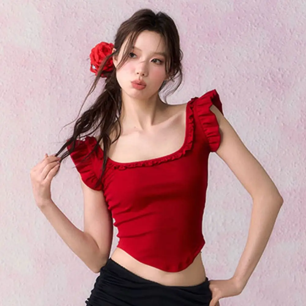 

Cute Ruffled Edge Bow Short Sleeve T-shirt Bow Pullover Y2K Slim Crop Top Sweet Chic T-shirt with Chest Pads Summer