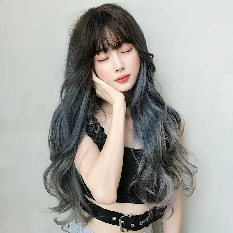 

Synthetic Long Wavy Ombre Blue Gray Wig Full Head Popular Fashion Hairpiece for Women Party Daily Date Style