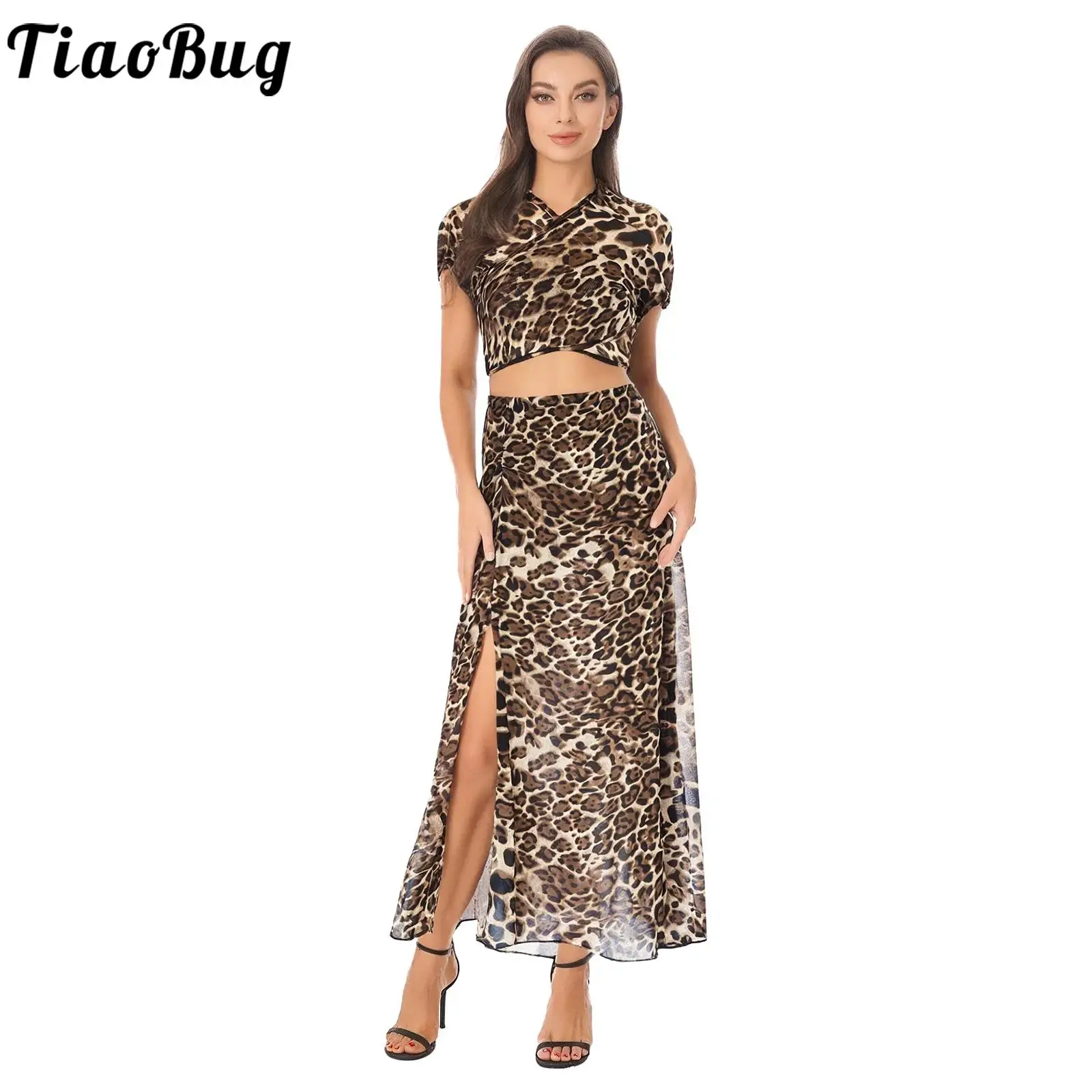 

Women Dance Leopard Print Mesh Outfits Short Sleeve Back Tie-up Crop Top with High Split Maxi Skirt Vacation Streetwear Costume