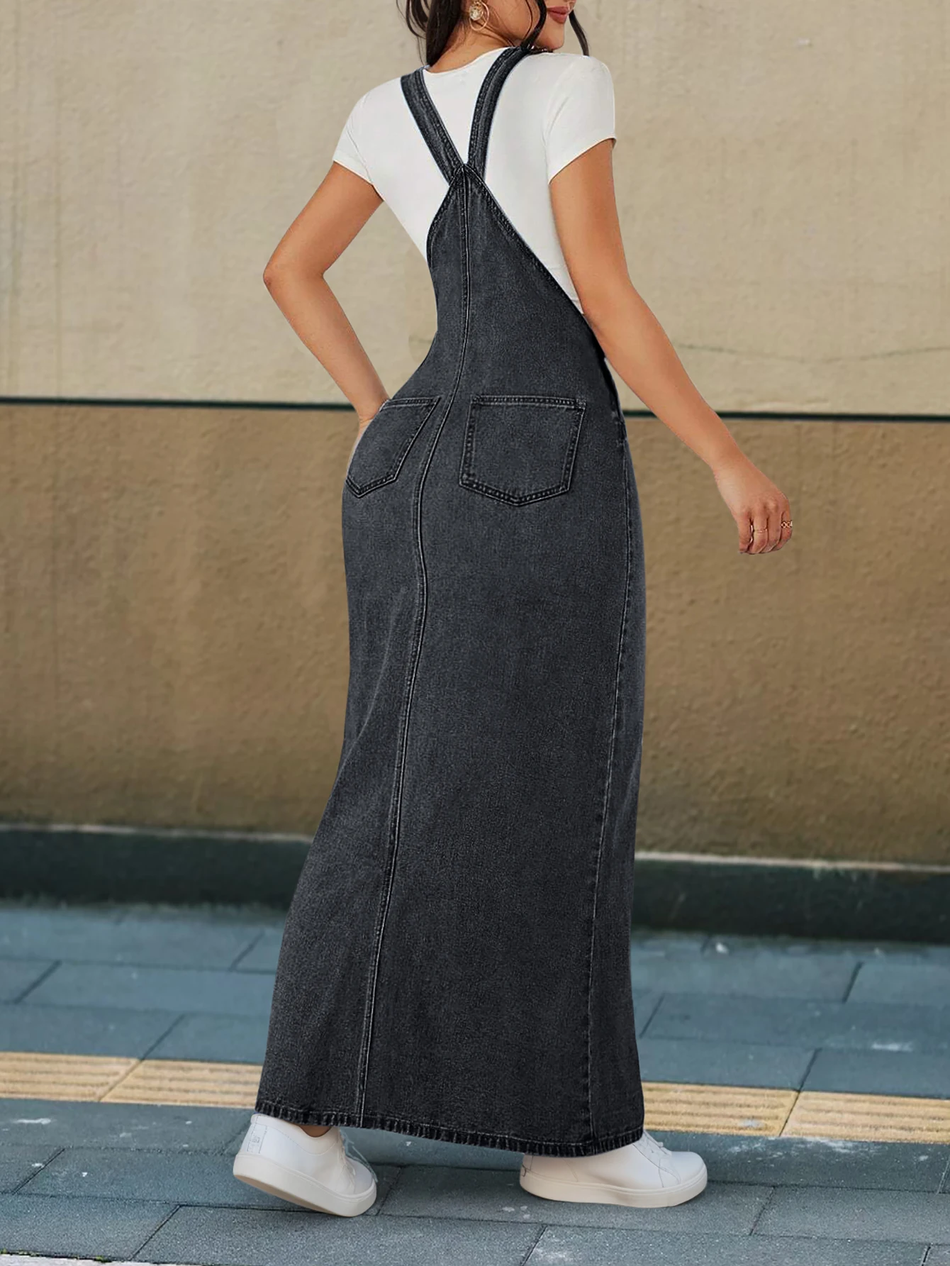 فستان طويل مثير بحزام قابل للتعديل من قماش الدنيم للنساء بتصميم كلاسيكي عصري على شكل قطة وأسلوب بسيط مع جيوب