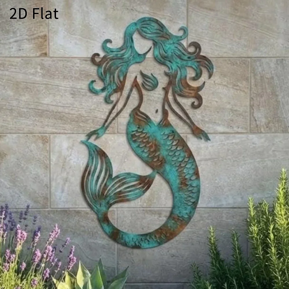 CIFBUY Metal Mermaid Wall Art, 2D Flat Vintage Patina Mermaid Iron Wall Decor for Beach House Garden Patio Entryway