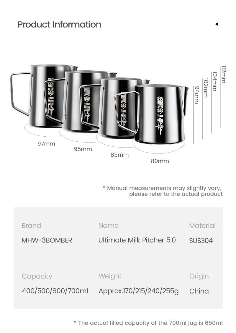 MHW 3BOMBER 400/700 ml Milchaufschäumkrug Dampfgarer Tasse Große Kapazität Milchschaumkrug Milchdampfende Latte Werkzeuge Kaffeezubehör – Detail 24
