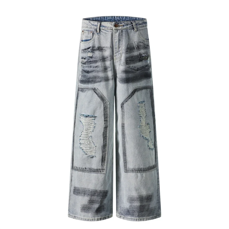 

Retro Ripped Hole Jeans Men Streetwear Hip Hop Splicing Denim Pants 2025 Spring Summer New Harajuku Baggy Casual Trousers Male