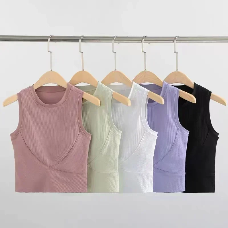 Lemon-camisetas sin mangas de Yoga de cuello alto para mujer, Camiseta deportiva sin mangas para Fitness, camiseta ajustada acanalada para correr y gimnasio, Top corto con sujetador incorporado