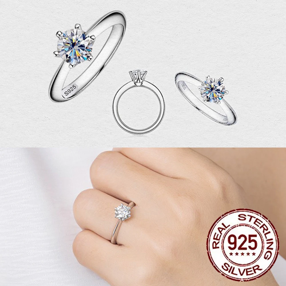 

QooLady Real 925 Sterling Silver Classic Round Cubic Zirconia Engagement Finger Rings for Women Wedding Band Jewelry Gift SR010