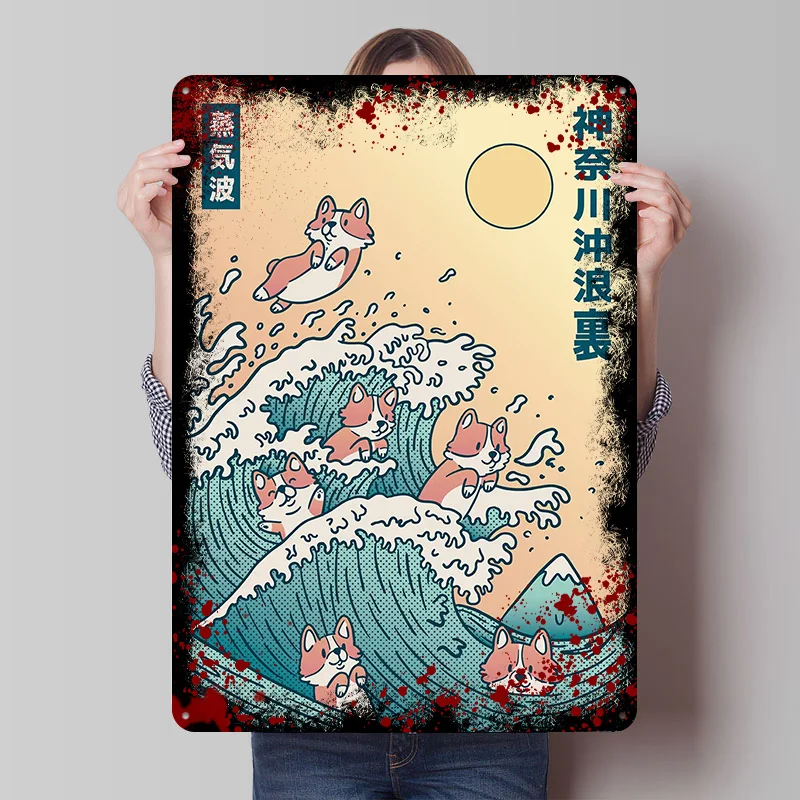 Japanese Wave Welsh Corgi Poster Customized Wall Art Vintage Metal Signs Retro Tin Plaque for Man Cave Bedroom Decoration Gaming