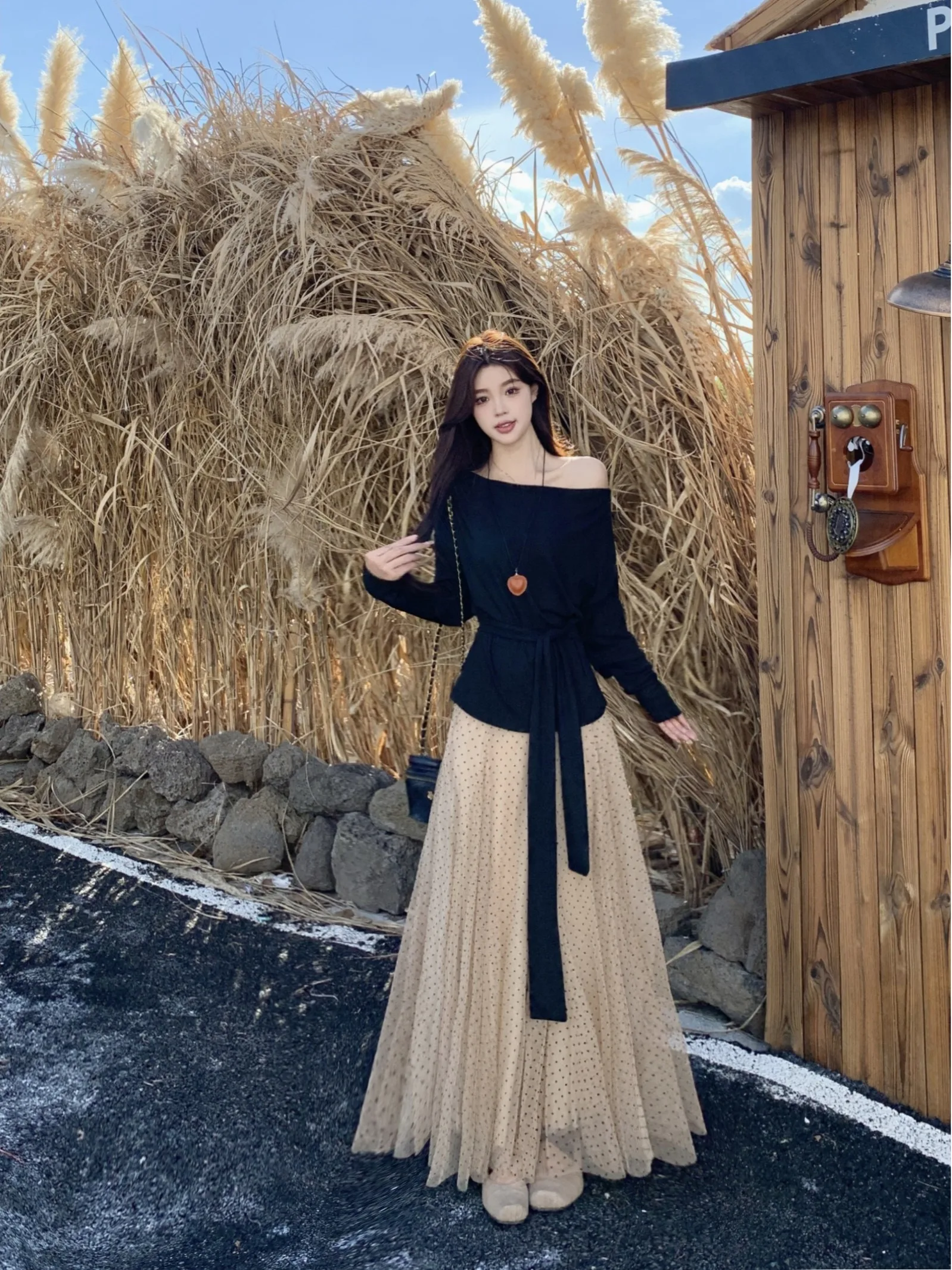 

plus Size Fashion Set Early Autumn New Design Sensation Slope Shoulder Long Sleeve Flocking Polka Dot Mesh Half Skirt