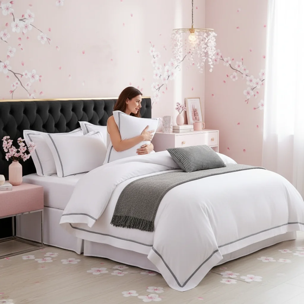 Solid White 60‑40 Cotton Satin Bedding Set 2/3Pcs, Luxury Hotel Quality Duvet Cover with Grey Edge Piping, Soft Breathable Duvet & Pillowcase Set for US Bedroom Decor