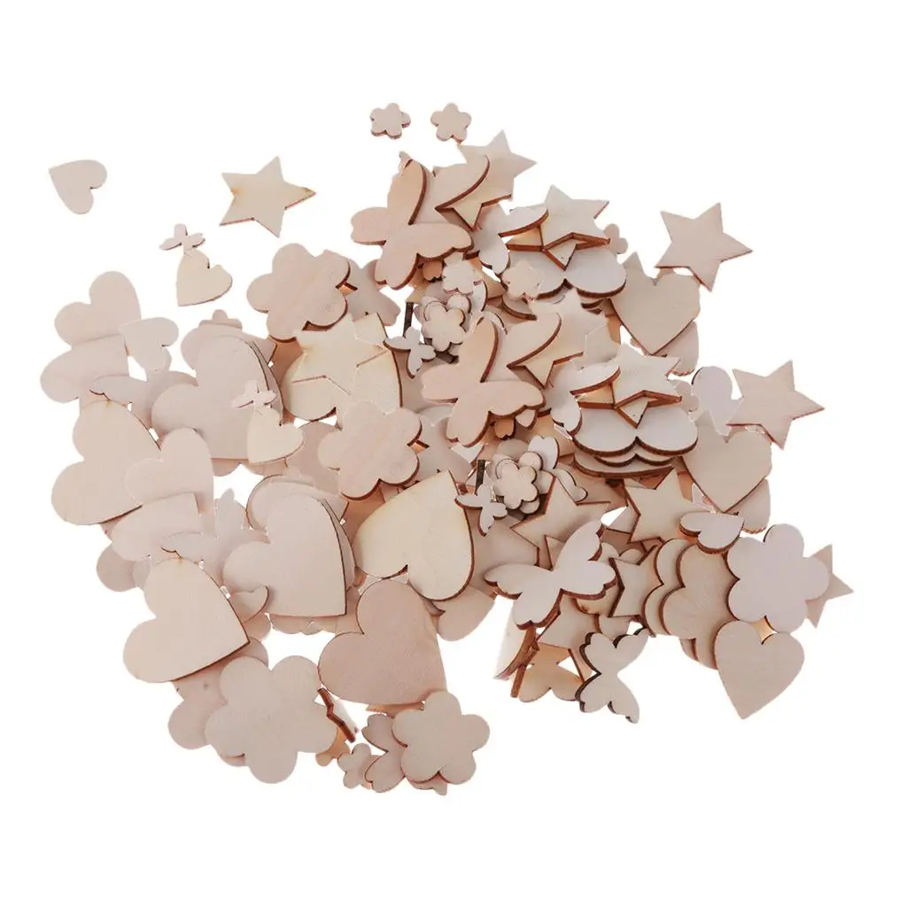 200 Pieces Lots Mixed Size Shapes Natural Wooden Butterflies Stars Hearts Embellishments MDF Wood Cutout Wedding Decoration