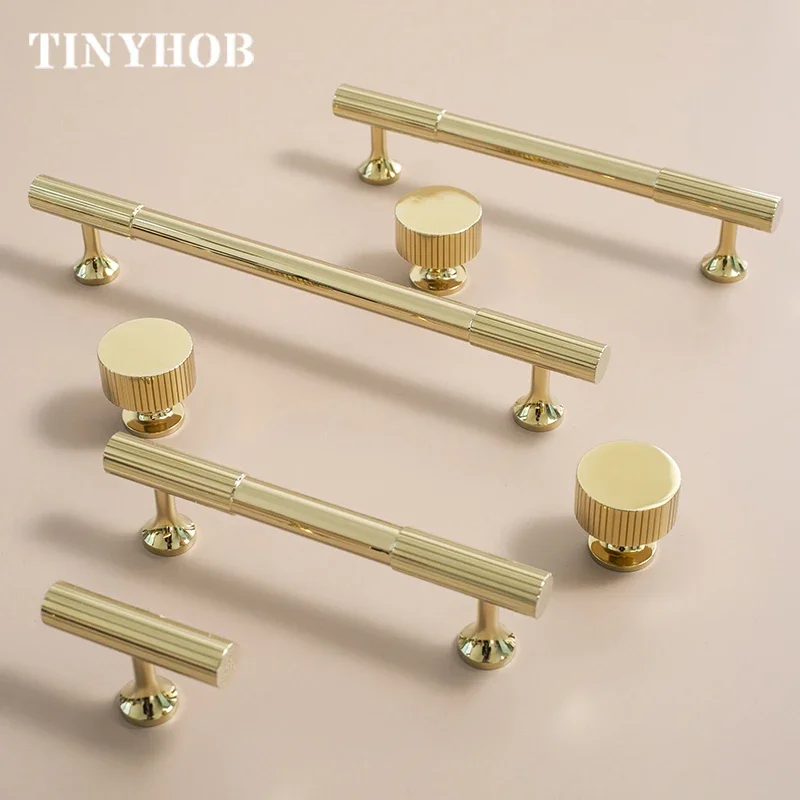 Tinyhob Яркое Золото/Вертикальные Линии Твердые Латунные Ручки Ящика Т-образная Ручка Спальня Тяги Ручка Дверной Ручки Кухонного Шкафа