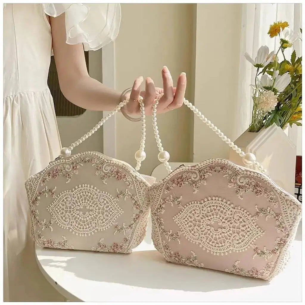 

Bloom Retro Floral Embroidery Pink Hand Women Fairycore Aesthetic Pearl Handle Underram Bag Ladies Chinese Style Purse New