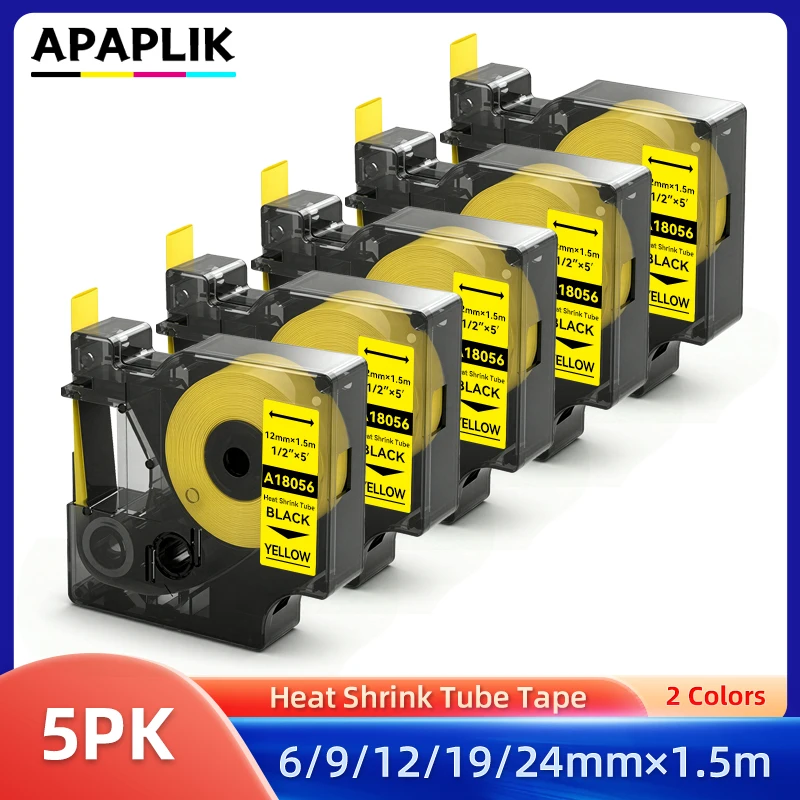 5PK 1/2 Inch Black on Yellow Heat Shrink Tube Labels Compatible with Dymo Rhion 5200 18058 18056 18054 18052 for Cable Managemen