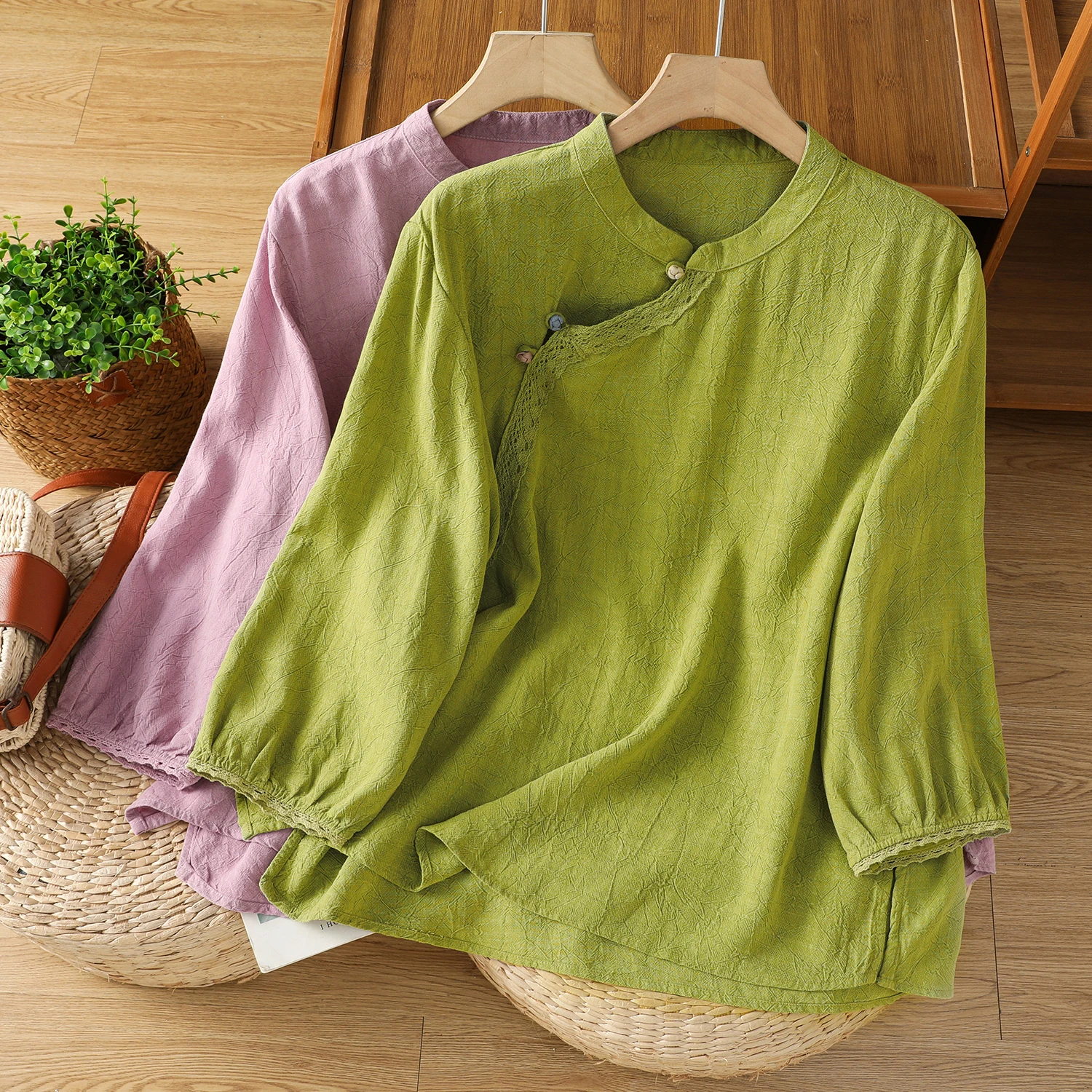 

Loose Fit round Neck Shirt Women's New Summer Vintage Lace Chinese Style Button up Cotton Blend Breathable Comfortable Shirt