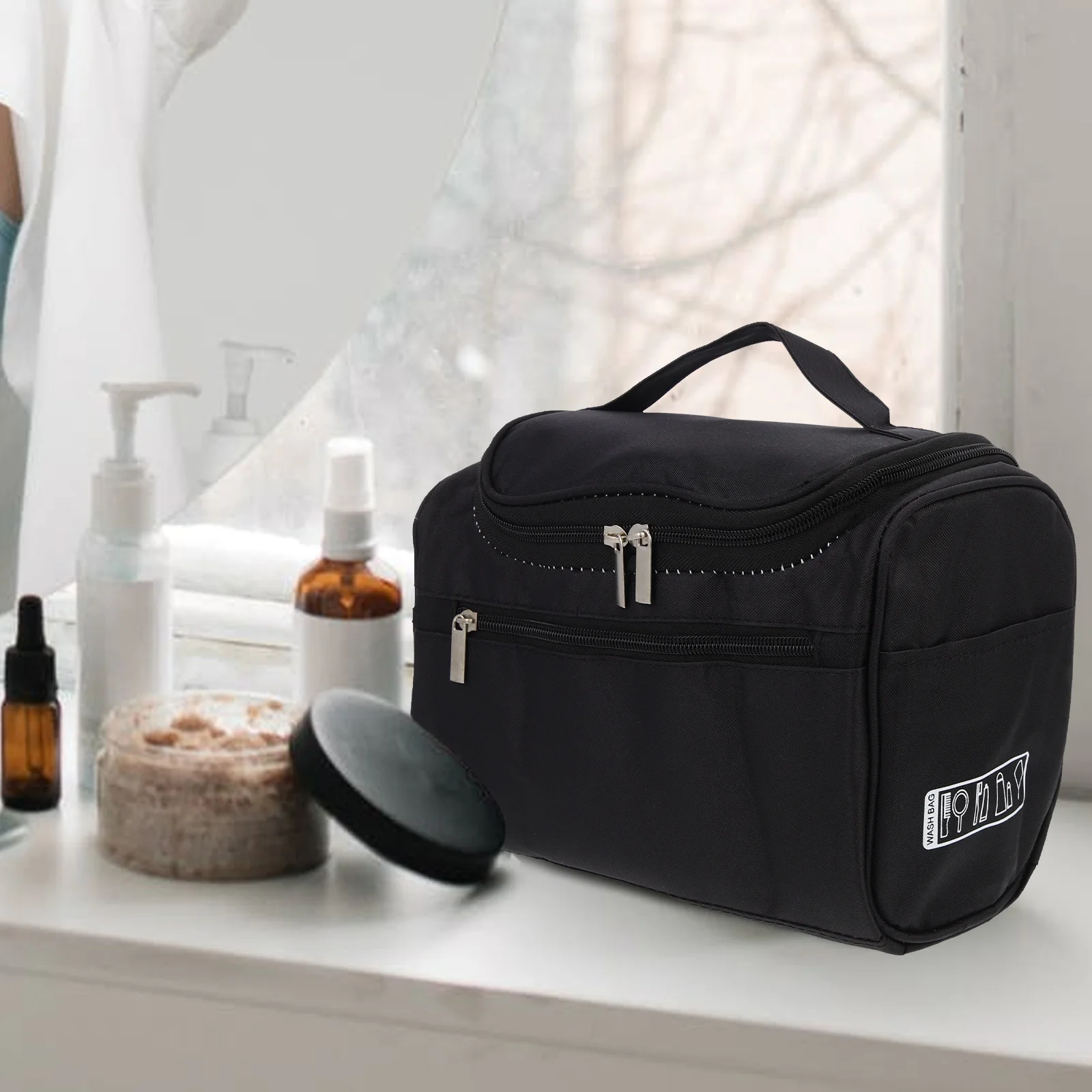 

Wear-Resistant Polyester Toiletry Bag Travel Skincare Pouch Handle Storage Organizer Waterproof Cosmetics Carrier Large Capacity