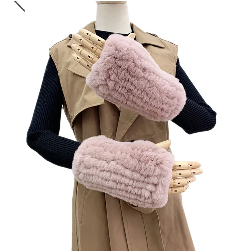 

Winter Real Rex Rabbit Fur Mittens Women Outdoor Warm Fluffy Gloves Knitted Thick Soft Hand Waist Warmer